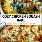 Golden baked chicken and spinach spaghetti squash casserole in a white dish topped with melted cheese.